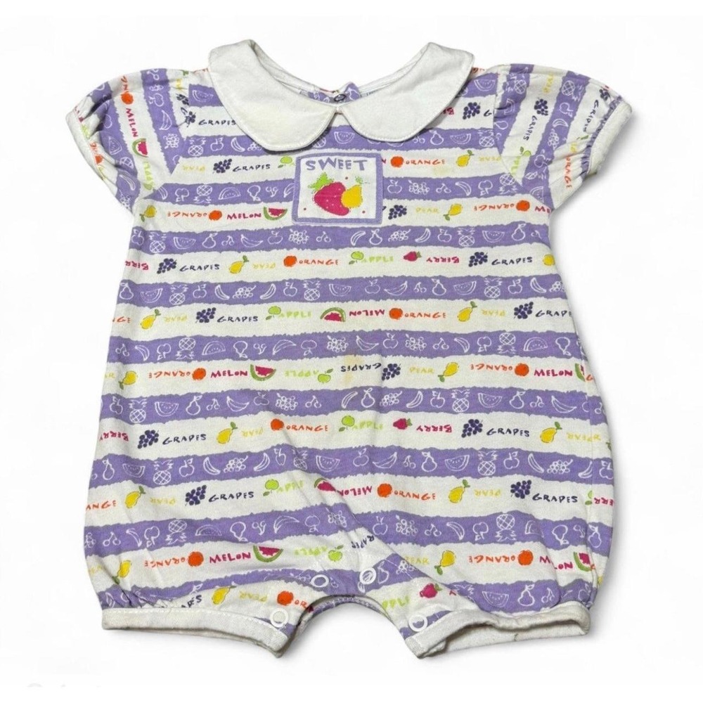 Vintage Small Steps Baby Romper 6/9 Months AOP Fruit Stripe Peter Pan Collar